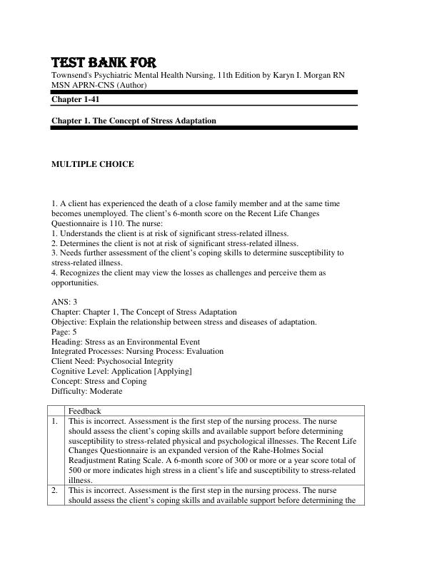 Test Bank ForTownsend's Psychiatric Mental Health Nursing, 11th Edition by Karyn I. Morgan RN MSN APRN-CNS Chapter 1-41