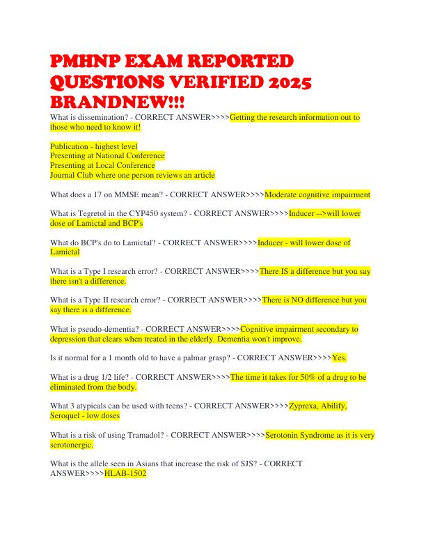 PMHNP EXAM REPORTED QUESTIONS VERIFIED 2025 BRANDNEW!!! 