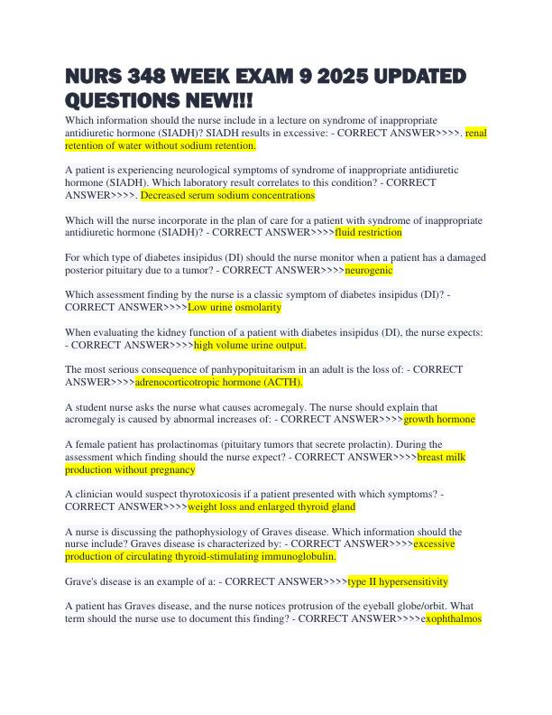 NURS 348 WEEK EXAM 9 2025 UPDATED QUESTIONS NEW!!!