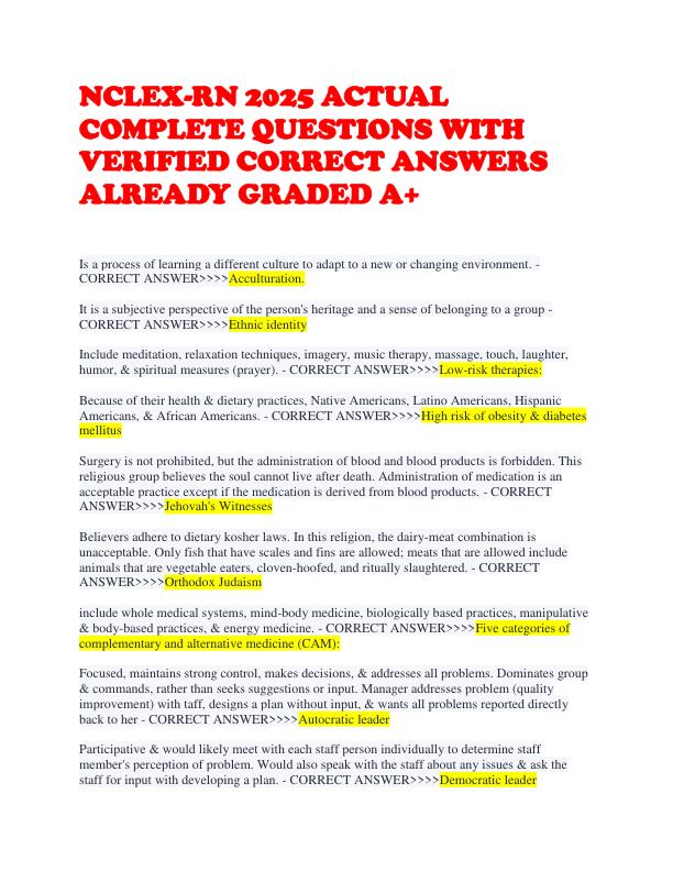 NCLEX-RN 2025 ACTUAL COMPLETE QUESTIONS WITH VERIFIED CORRECT ANSWERS ALREADY GRADED A+