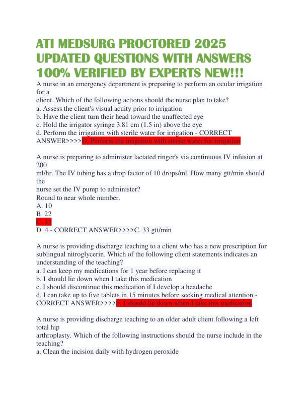 ATI MEDSURG PROCTORED 2025 UPDATED QUESTIONS WITH ANSWERS 100% VERIFIED BY EXPERTS NEW!!! 