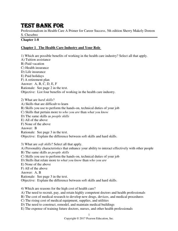 Test Bank For Professionalism in Health Care A Primer for Career Success, 5th Edition by Sherry Makely Doreen S. Chesebro Chapter 1-8