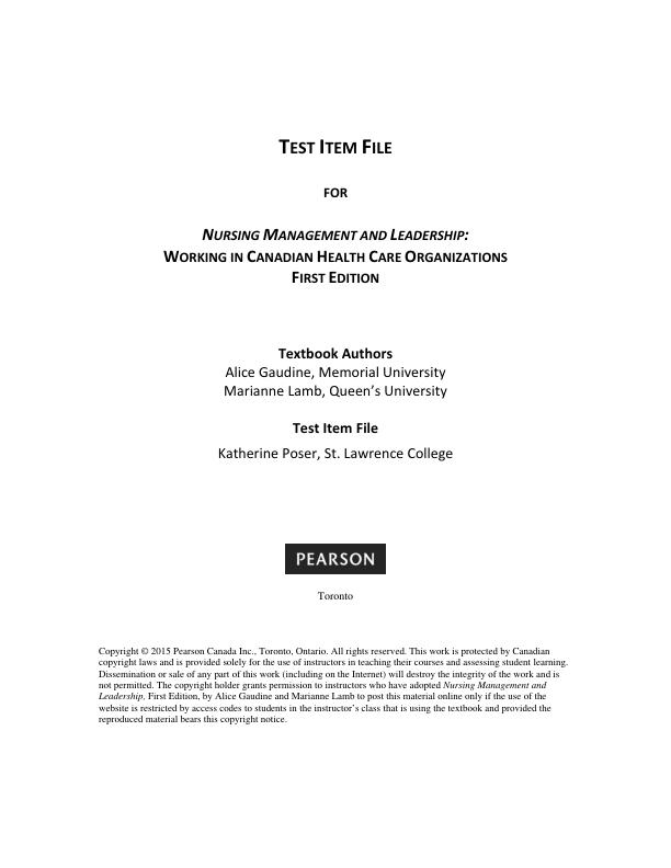 Test Bank For Nursing Leadership and Management, 1st Edition by Alice Gaudine Marianne Lamb Chapter 1-14