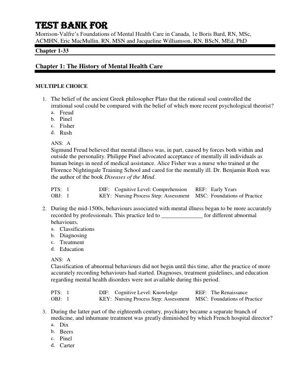 Test Bank For Morrison-Valfre’s Foundations of Mental Health Care in Canada, 1st Edition by Boris Bard, RN, MSc, ACMHN, Eric MacMullin, RN, MSN and Jacqueline Williamson, RN, BScN, MEd, PhD Chapter 1-33