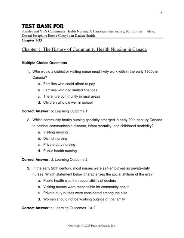 Test Bank For Stamler and Yiu's Community Health Nursing A Canadian Perspective, 6th Edition by Aliyah Dosani Josephine Etowa Cheryl van Daalen-Smith Chapter 1-33
