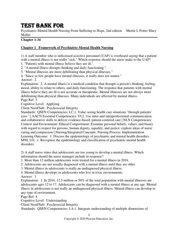 Test Bank For Psychiatric-Mental Health Nursing From Suffering to Hope, 2nd Edition by Mertie L Potter Mary Moller Chapter 1-34