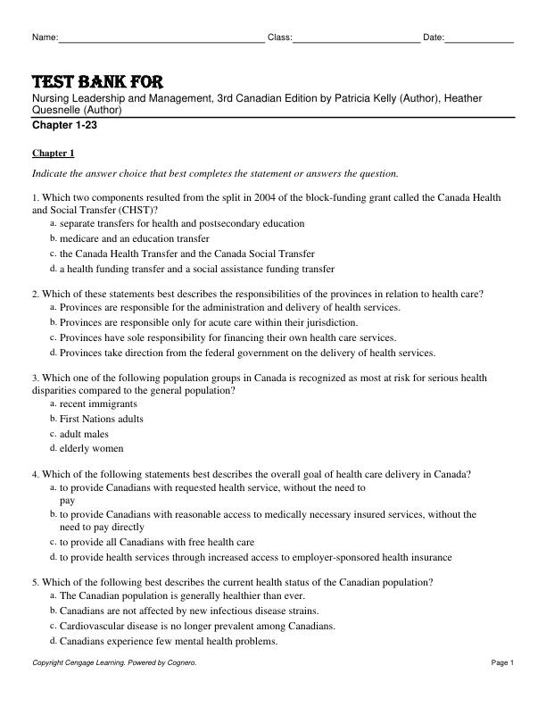 Test Bank For Nursing Leadership and Management, 3rd Canadian Edition by Patricia Kelly, Heather Quesnelle Chapter 1-23