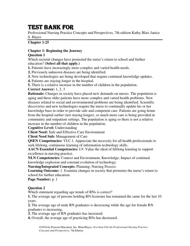 Test Bank For Professional Nursing Practice Concepts and Perspectives, 7th Edition by Kathy Blais Janice S. Hayes Chapter 1-25