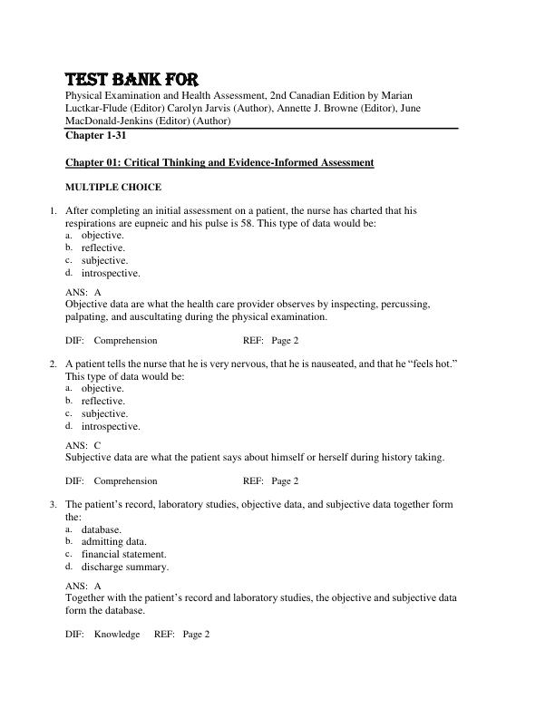Test Bank For Physical Examination and Health Assessment, 2nd Canadian Edition by Marian Luctkar Flude Carolyn Jarvis, Annette J. Browne, June MacDonald-Jenkins
