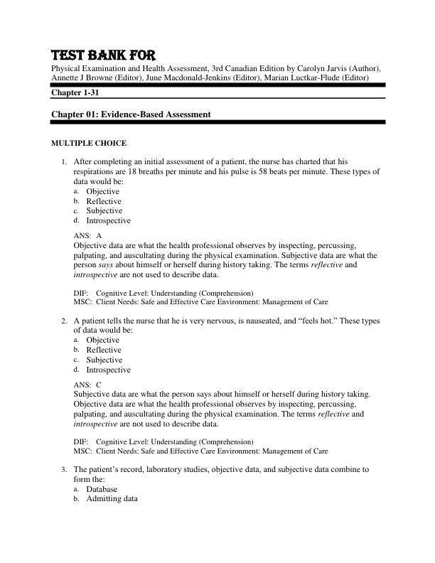 Test Bank For Physical Examination and Health Assessment, 3rd Canadian Edition by Carolyn Jarvis Annette J Browne , June Macdonald-Jenkins , Marian Luctkar-Flude Chapter 1-31