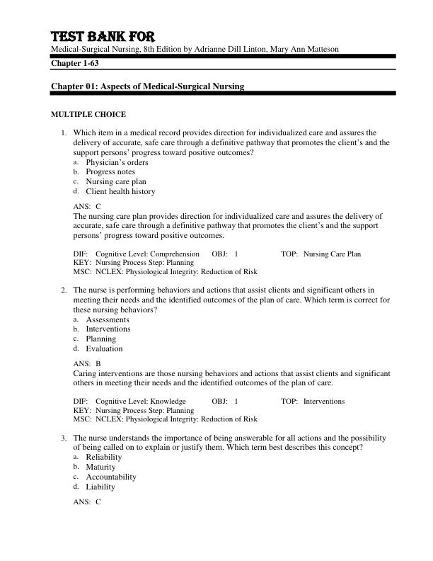 Test Bank For Medical Surgical Nursing, 8th Edition by Adrianne Dill Linton, Mary Ann Matteson Chapter 1-16