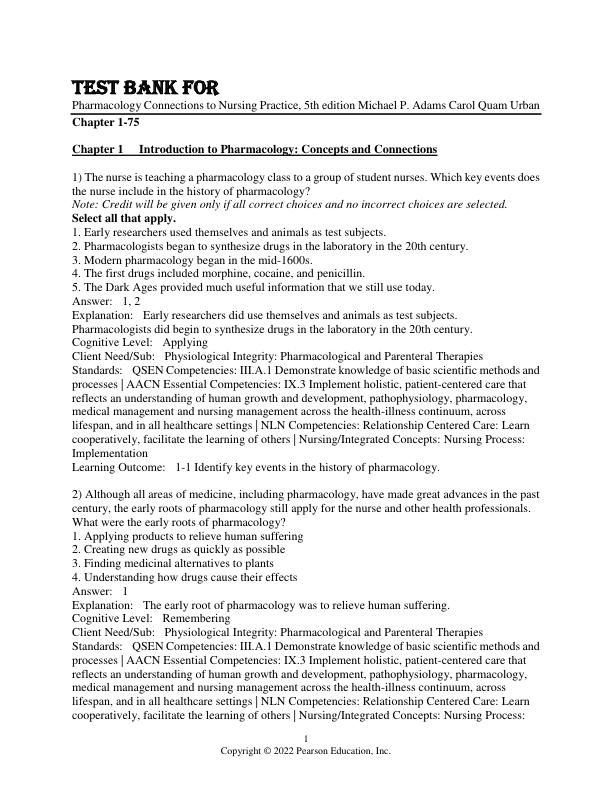 Test Bank For Pharmacology Connections to Nursing Practice, 5th Edition by Michael P. Adams Carol Quam Urban Chapter 1-75