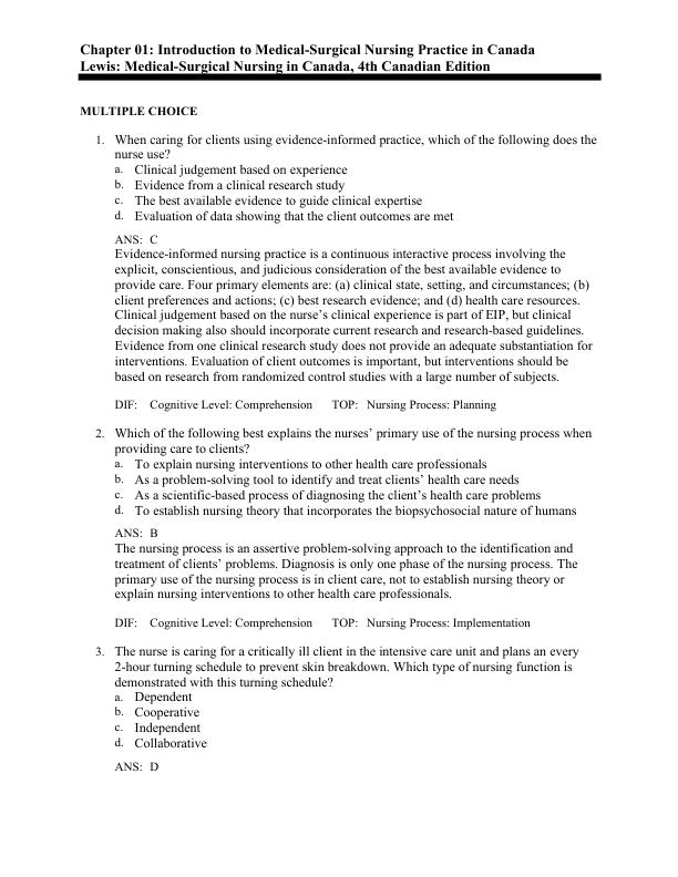 Test Bank For Medical Surgical Nursing in Canada 4th Canadian Edition by Sharon L. Lewis, Linda Bucher, Margaret M. Heitkemper, Mariann M. Harding Chapter 1-72 With (PN&RN)