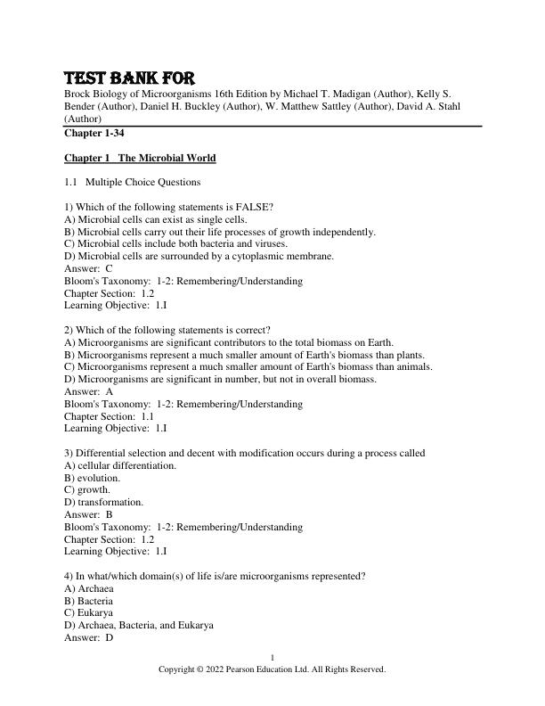 Test Bank For TeBrock Biology of Microorganisms 16th Edition by Michael T. Madigan, Kelly S. Bender, Daniel H. Buckley, W. Matthew Sattley David A. Stahl Chapter 1-34