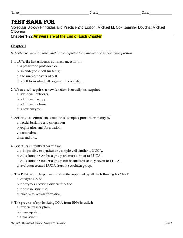 mobile-preview-Test Bank For Molecular Biology Principles and Practice 2nd Edition by Michael M. Cox; Jennifer Doudna; Michael O'Donnell Chapter 1-22