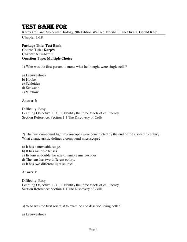 Test Bank For Karp's Cell and Molecular Biology, 9th Edition by Wallace Marshall, Janet Iwasa, Gerald Karp Chapter 1-18