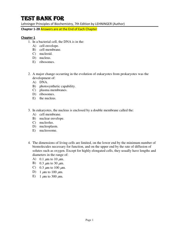 Test Bank For Lehninger Principles of Biochemistry, 7th Edition by LEHNINGER Chapter 1-28