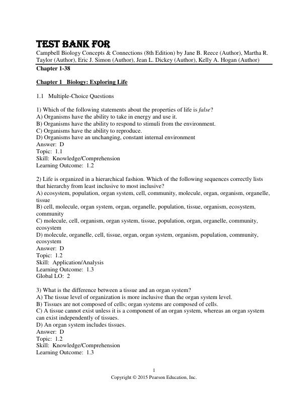 Test Bank For Campbell Biology Concepts & Connections (8th Edition) by Jane B. Reece (Author), Martha R. Taylor (Author), Eric J. Simon (Author), Jean L. Dickey (Author), Kelly A. Hogan (Author) Chapter 1-38