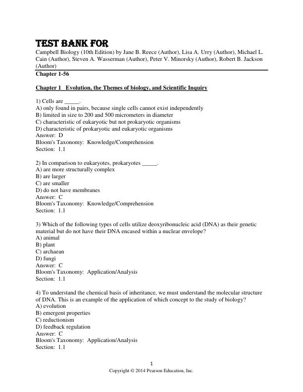 Test Bank For Campbell Biology 10th Edition by Jane B. Reece, Lisa A. Urry, Michael L. Cain, Steven A. Wasserman, Peter V. Minorsky, Robert B. Jackson Chapter 1-56