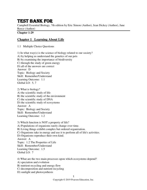 Test Bank For Campbell Essential Biology, 7th Edition by Eric Simon (Author), Jean Dickey (Author), Jane Reece (Author) Chapter 1-29