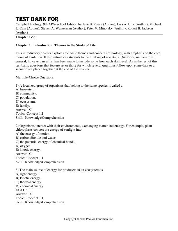 Test Bank For Campbell Biology, 9th AP® School Edition by Jane B. Reece (Author), Lisa A.Urry (Author), Michael L. Cain (Author) Steven A Wasserman (Author), Peter V. Minorsky (Author), Robert B. Jackson (Author) 