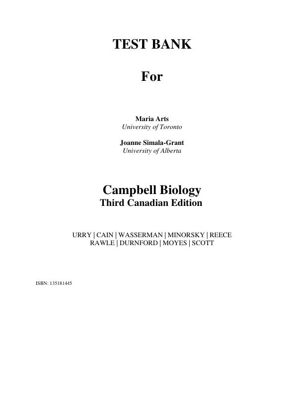 Test Bank For Campbell Biology,Canadian Edition, 3rd Edition by Jane Reece, Lisa Urry Michael Cain, Steven Wasserman, Peter Minorsky, Robert Jackson, Fiona Rawle , Chapter 1-56