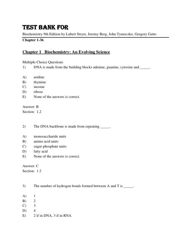 Test Bank For Biochemistry 9th Edition by Lubert Stryer, Jeremy Berg, John Tymoczko, Gregory Gatto Chapter 1-36
