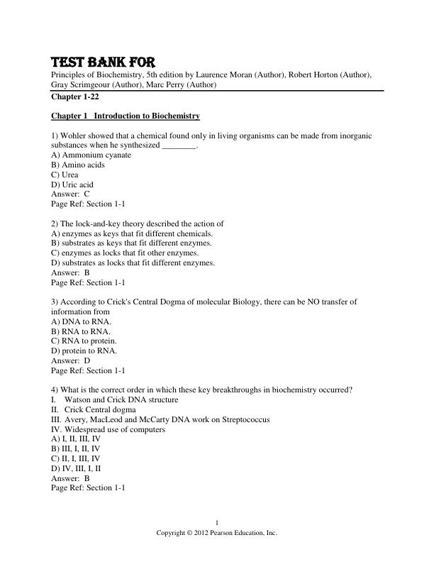 Test Bank For Principles of Biochemistry, 5th Edition by Laurence Moran Robert Horton, Gray Scrimgeour Marc Perry Chapter 1-22