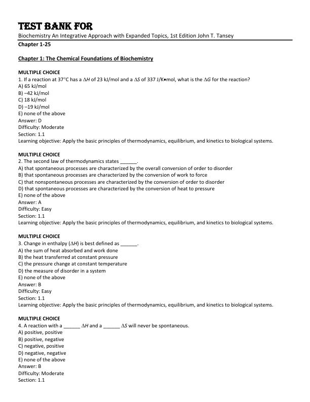 Test Bank For Biochemistry An Integrative Approach with Expanded Topics, 1st Edition by John T. Tansey Chapter 1-25