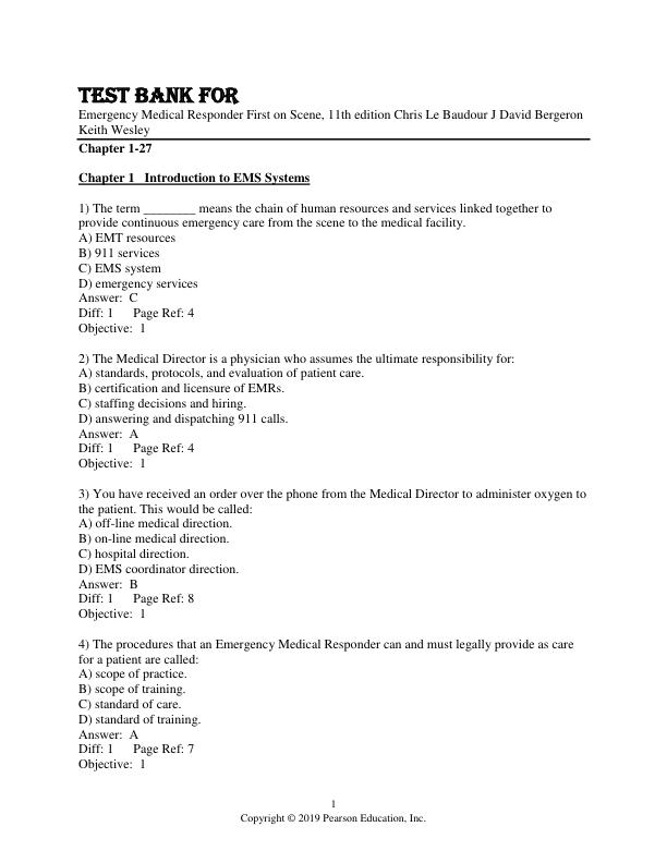 Test Bank For Emergency Medical Responder First on Scene, 11th Edition by Chris Le Baudour J David Bergeron Keith Wesley Chapter 1-27