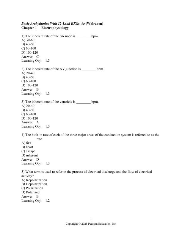 Test Bank For Basic Arrhythmias, 9th Edition By Gail Walraven Chapter 1-8
