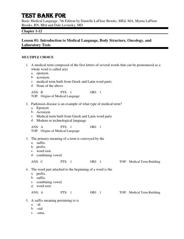 Test Bank For Basic Medical Language, 7th Edition by Danielle LaFleur Brooks, MEd, MA, Myrna LaFleur Brooks, RN, BEd and Dale Levinsky, MD Chapter 1-12