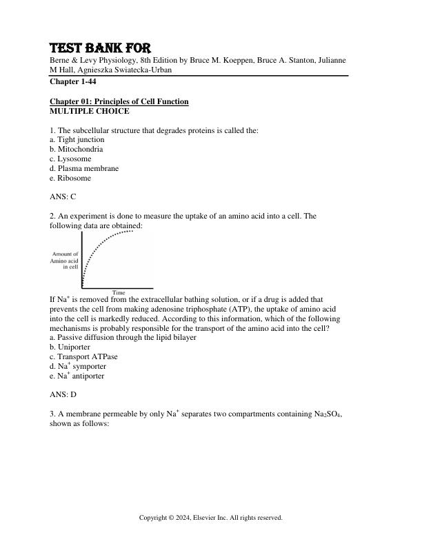 Test Bank For Berne & Levy Physiology, 8th Edition by Bruce M. Koeppen, Bruce A. Stanton, Julianne M Hall, Agnieszka Swiatecka-Urban Chapter 1-44