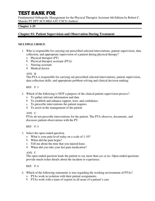 Test Bank For Fundamental Orthopedic Management for the Physical Therapist Assistant 4th Edition by Robert C. Manske PT DPT SCS MEd ATC CSCS Chapter 1-29