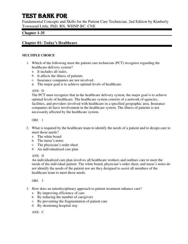 Test Bank For Fundamental Concepts and Skills for the Patient Care Technician, 2nd Edition by Kimberly Townsend Little, PhD, RN, WHNP-BC, CNE Chapter 1-35