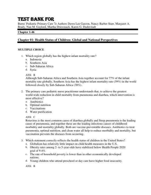 Test Bank For Burns' Pediatric Primary Care 7th Edition by Authors Dawn Lee Garzon, Nancy Barber Starr, Margaret A. Brady, Nan M. Gaylord, Martha Driessnack, Karen G. Duderstadt Chapter 1-46