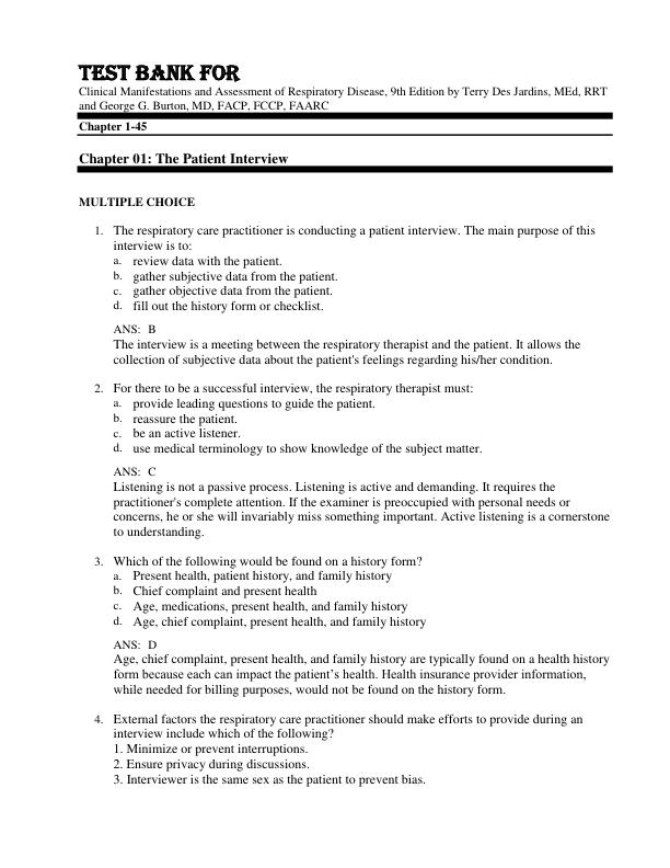 Test Bank For Clinical Manifestations and Assessment of Respiratory Disease, 9th Edition by Terry Des Jardins, MEd, RRT and George G. Burton, MD, FACP, FCCP, FAARC Chapter 1-45