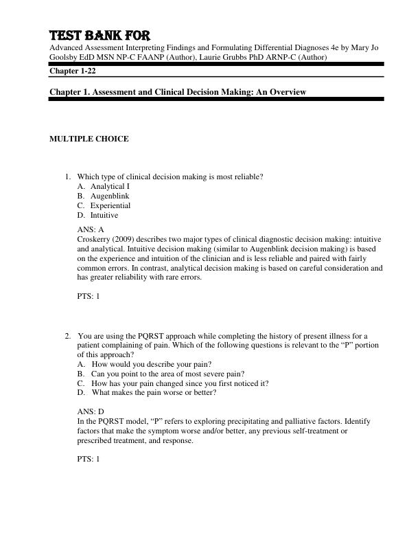 Test Bank For Advanced Assessment Interpreting Findings and Formulating Differential Diagnoses 4th Edition by Mary Jo Goolsby EdD MSN NP-C FAANP, Laurie Grubbs PhD ARNP-C Chapter 1-22