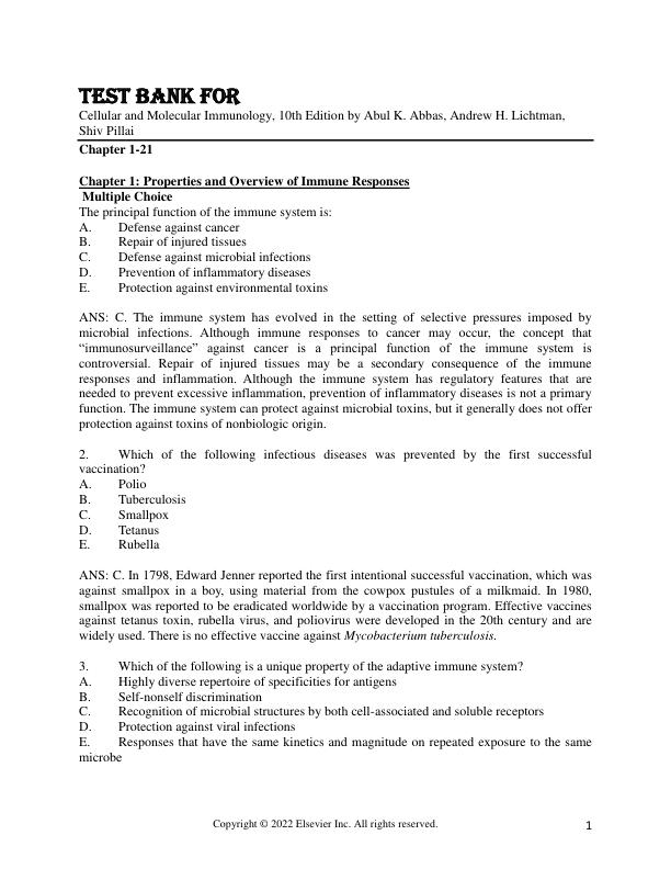 Test Bank For Cellular and Molecular Immunology, 10th Edition by Abul K. Abbas, Andrew H. Lichtman, Shiv Pillai Chapter 1-21