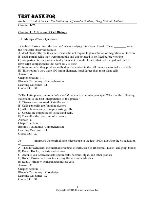 Test Bank For Becker's World of the Cell 9th Edition by Jeff Hardin Greg Bertoni Chapter 1-26