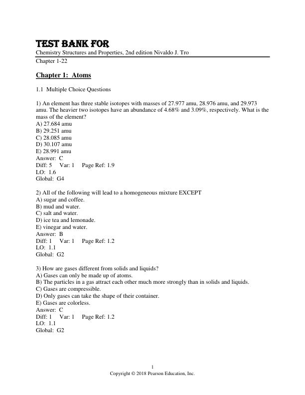 Test Bank For Chemistry Structures and Properties, 2nd Edition by Nivaldo J. Tro Chapter 1-22