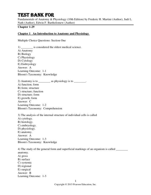 Test Bank For Fundamentals of Anatomy & Physiology 10th Edition by Frederic H. Martini, Judi L. Nath (Author), Edwin F. Bartholomew Chapter 1-29