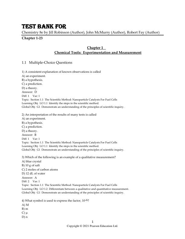 Test Bank For Chemistry 8th Edition by Jill Robinson (Author), John McMurry (Author), Robert Fay (Author) Chapter 1-23