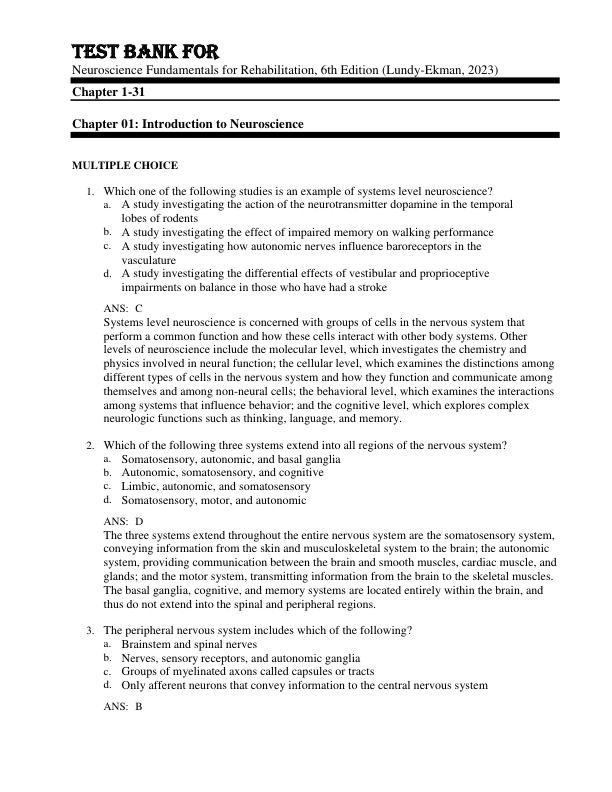Test Bank For Neuroscience Fundamentals for Rehabilitation, 6th Edition by Lundy-Ekman, 2023 Chapter 1-31