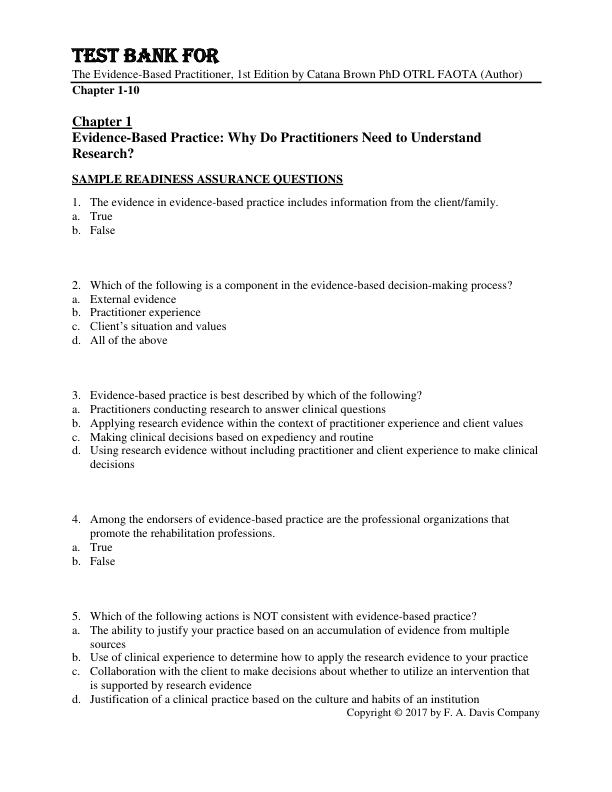 Test Bank For The Evidence Based Practitioner, 1st Edition by Catana Brown PhD OTRL FAOTA Chapter 1-10