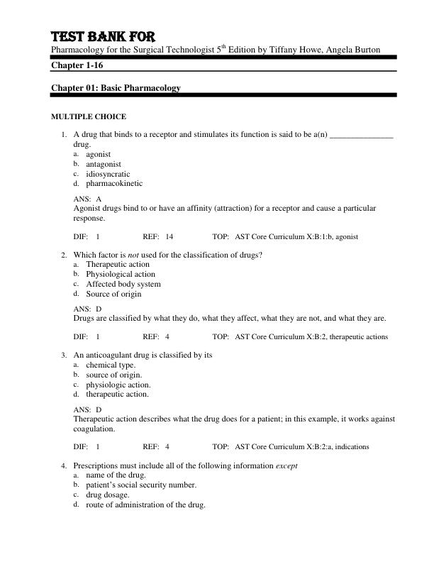 Test Bank For Pharmacology for the Surgical Technologist 5th Edition by Tiffany Howe, Angela Burton Chapter 1-16