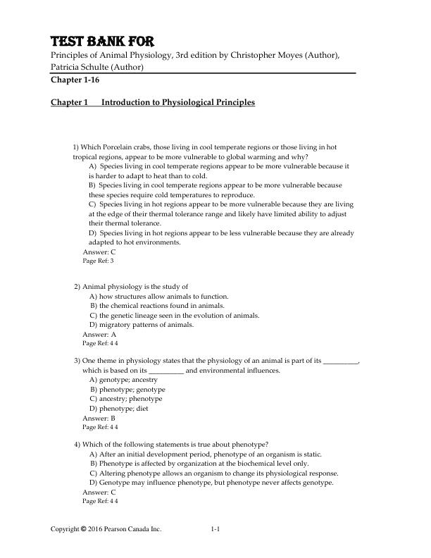Test Bank For Principles of Animal Physiology, 3rd Edition by Christopher Moyes, Patricia Schulte Chapter 1-16