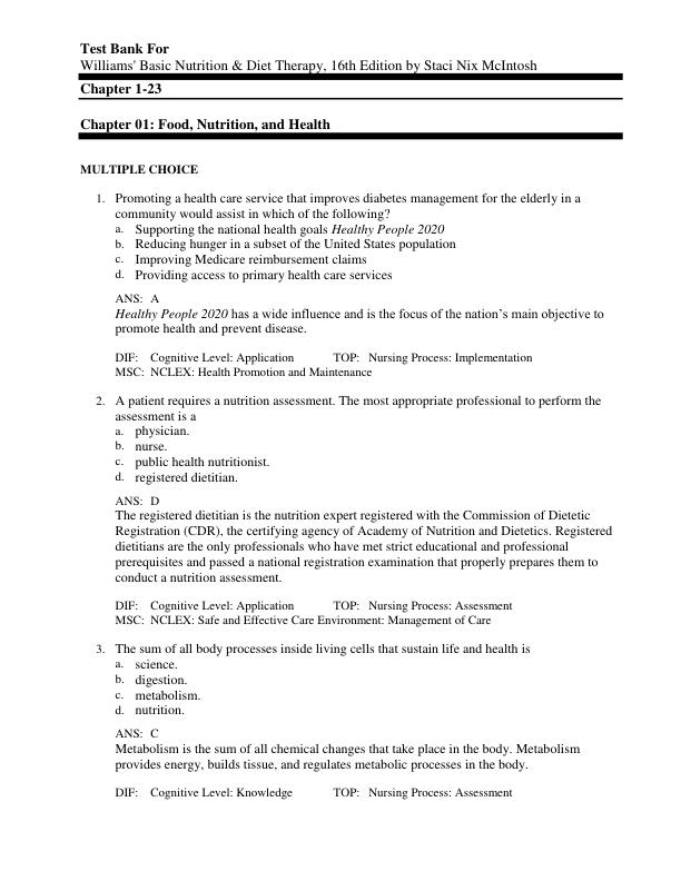 Test Bank For Williams' Basic Nutrition & Diet Therapy, 16th Edition by Staci Nix McIntosh Chapter 1-23