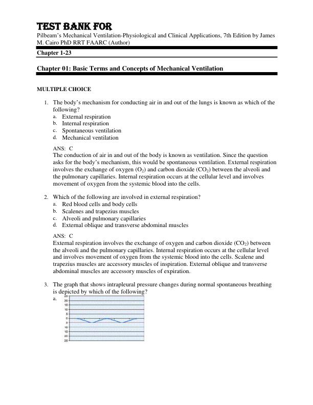 Test Bank For Pilbeam’s Mechanical Ventilation Physiological and Clinical Applications, 7th Edition by James M. Cairo PhD RRT FAARC Chapter 1-23