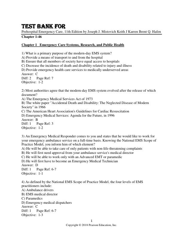 Test Bank For Prehospital Emergency Care, 11th Edition by Joseph J. Mistovich Keith J Karren Brent Q. Hafen Chapter 1-46